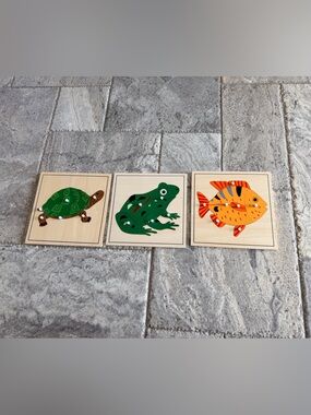 Montessori Wooden Puzzles for Kids Ages 3-6 - Turtle, Frog, Fish